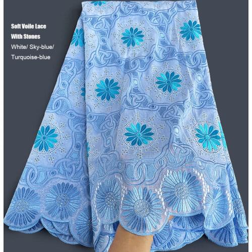 5 yards Fashionable African Swiss Voile Lace Fabric soft Nigerian Ghana Traditional Wear Sewing Clothes with stones high quality