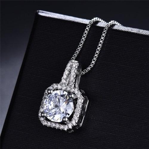 White Round Zircon Square Pendants Necklaces For Women Vintage Fashion Silver Color Engagement Necklace Bridal Wedding Jewelry
