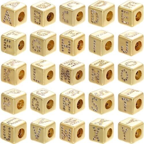Initial alphabet Letter Large Hole Cube loose Spacer Beads for Women DIY Charm Bangle Bracelet CZ Cubic Zirconia Jewelry Finding