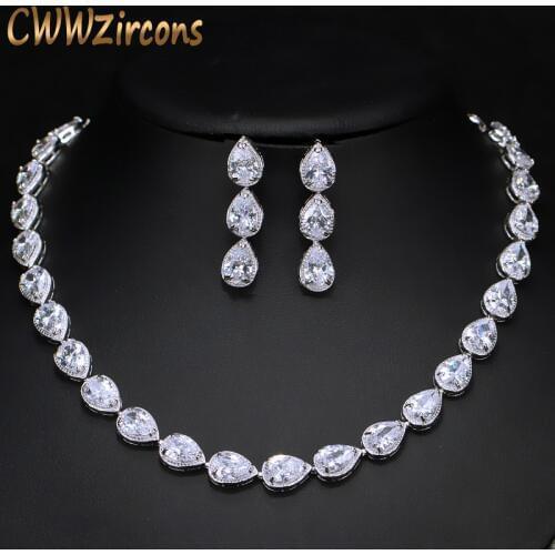 CWWZircons Stunning Pear Cut CZ Zirconia Stone Women Fashion Wedding Party Earrings Necklace Jewelry Sets T019