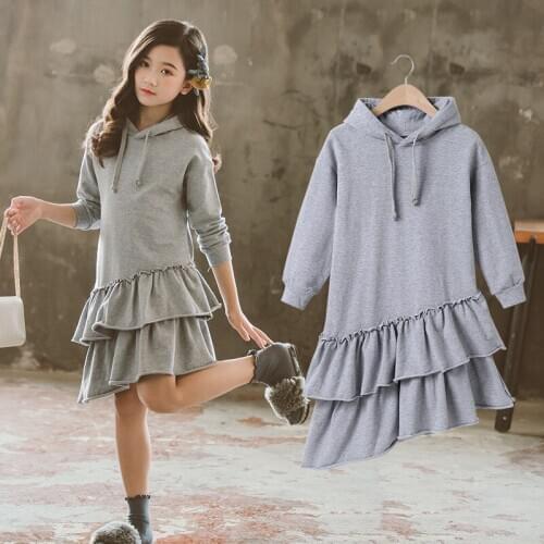 Kids Dresses for Girls Spring Autumn Teen Clothes Cotton Baby Irregular Kneed Dress Fashion Teenage Clothing Hoodie Dress New