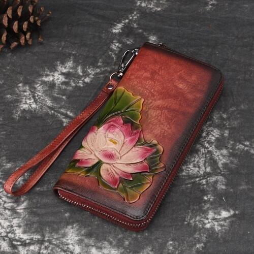 Natural Skin Long Purse Clutch Money Bag Coin Pocket Lotus Pattern Multi-Cards Holder Clip Women Genuine Leather Bifold Wallet