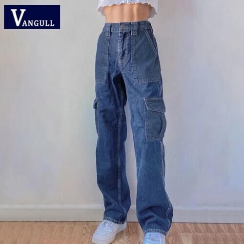 Vangull High Waist Pocket Womens Cargo Jeans Stright Loose Denim Trousers INS Street Style Fashion Denim Long Overalls Pants