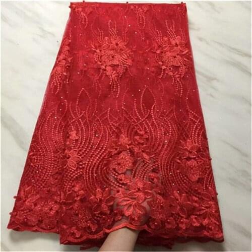 French net lace fabric red beaded lace african tulle mesh lace fabric high quality nigerian lace fabrics for wedding 5yards/lot