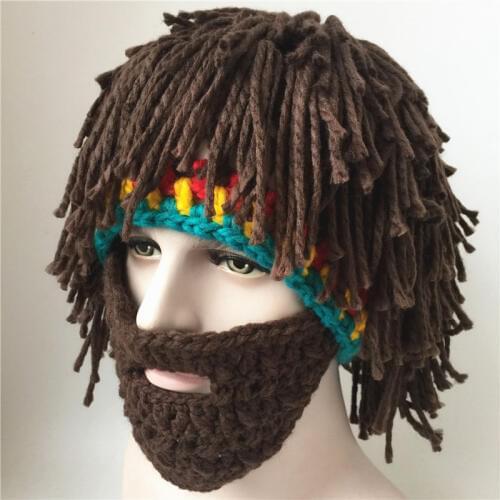 Wig Beard Hats Hobo Mad Scientist Caveman Handmade Knit Warm Winter Caps Men Women Halloween Gifts Funny Party Beanies