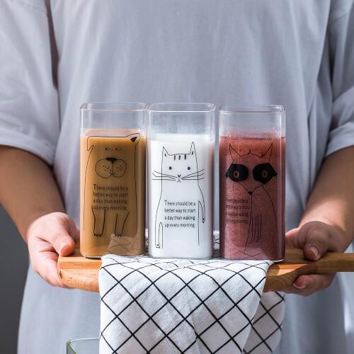 Homies Cute glass cup creative home without lid milk cup printing student square cup heat-resistant breakfast cup animal mug