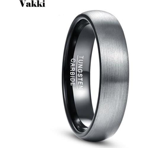 VAKKI Wide 6mm Dome Matte Inner Ring Plated Black Tungsten Steel Ring for Men and Women Engagement Ring