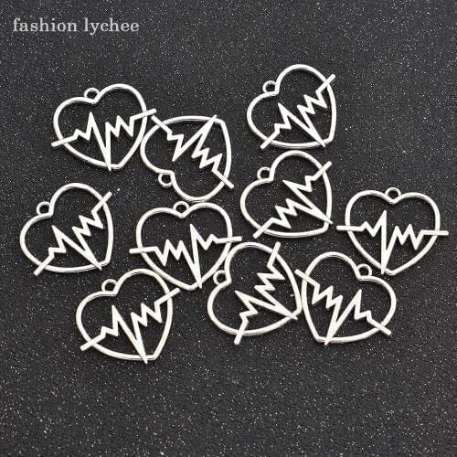 Fashion lychee 10pcs Love Heart Heartbeat ECG Pattern Charm Tibetan Silver Metal Bead Pendant For DIY Jewelry Making