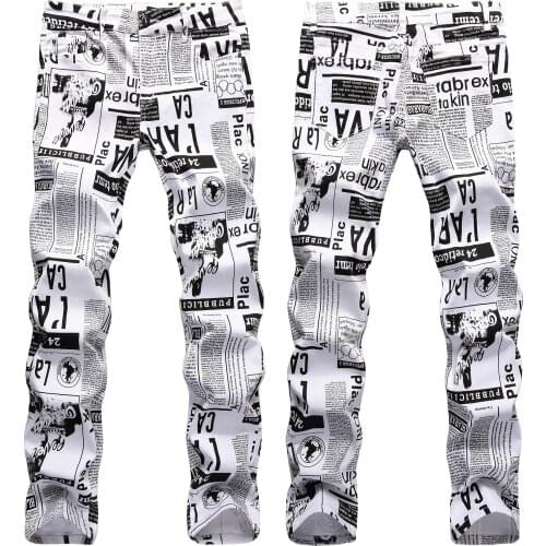 2021 Men’s High Street Newspaper-art Printed Denim Pants,Slim-fit&Straight Elastic Casual Jeans,Fashion&Cool,Youth Must