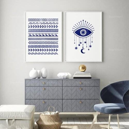 Blue Evil Eye Print Set 2, Greek Eye Printable Wall Art, Indigo Celestial Print Abstract Wall Art Modern Bohemian Home Decor Pos