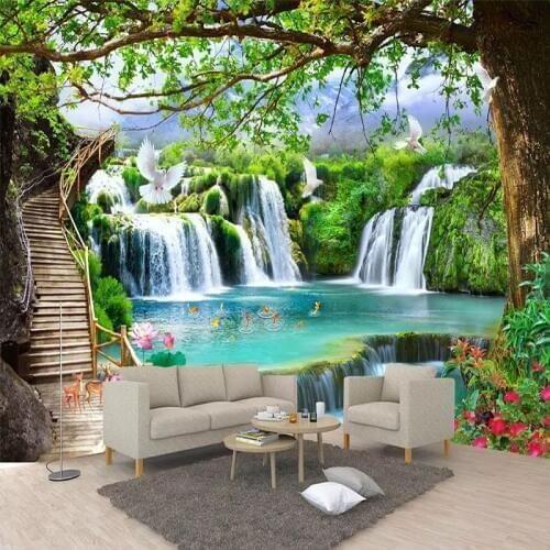 Custom Wall Paper Wall Painting 3D Green Tree Waterfall Large Mural Living Room Sofa TV Background Photo Wallpaper Self-adhesive