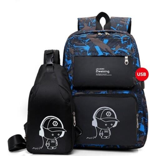 New 2 IN I1 High School USB Male Backpack Set for Boys Chest Bag Student Book Bag Men Women School Travel Backpack 2019