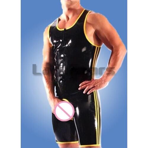 New Arrival Mens Sexy Sleeveless Latex Short Jumpsuit Rubber Leotard Underwear Open Crotch Bodysuit