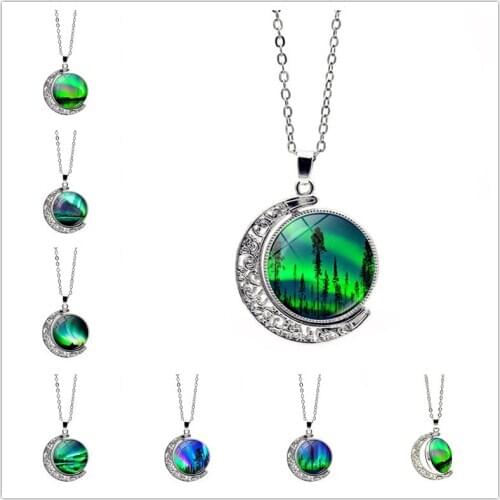 Charm Northern Lights Moon Glass Dome Double Side Rotate Necklace Pendant Necklace Women Girl Vintage Sweater Chain Jewelry