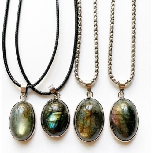 Natural Flash Labradorite Stone Necklace Blue Light Labradorite Oval CAB Stones Pendant Stainless Steel Jewelry Dropship 1pc