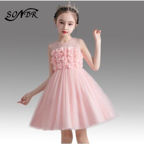 Appliques Flower Girl Dresses HT175 O-Neck Sleeveless Formal Kids Wedding Party Dress Bow Zipper Back Princess Ball Gowns 2020