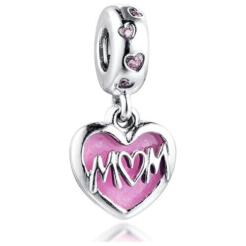 Mum Script Heart Dangle Charm Fits Orignal Bracelets Woman DIY beads for jewelry making Silver kralen voor sieraden maken