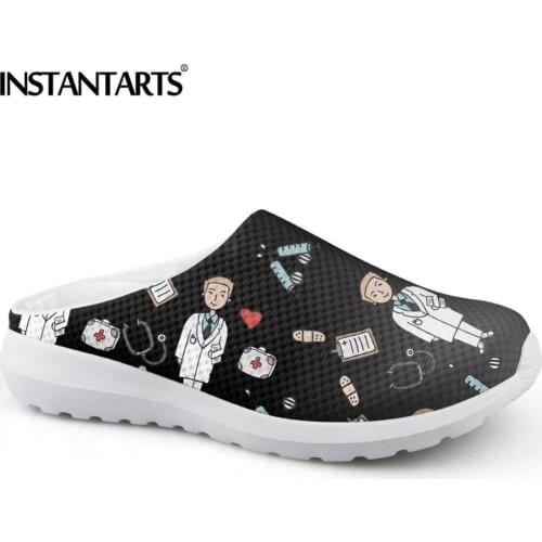 INSTANTARTS Lightweight Nurse Shoes Black Mesh Sandals Cartoon Doctor Premium Sketch Physio Print Summer Breathable Home Slipper