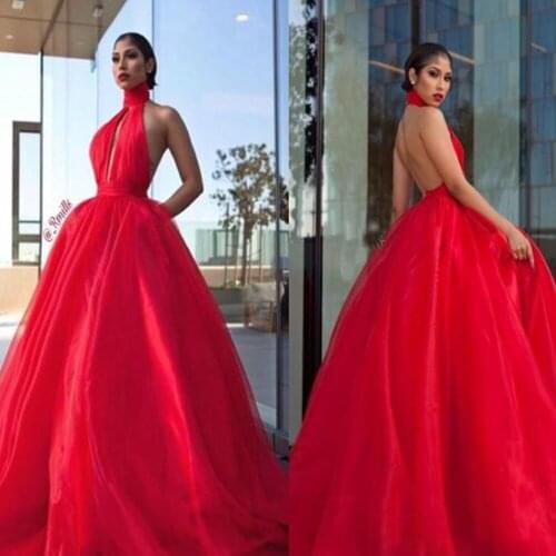 Sexy Backless Evening Dresses Long Luxury 2021 Women Halter Neck Formal Tulle Prom Gown With Pocket Custom Made robes de soirée