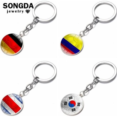 SONGDA New World Football Game Keychain Colombia Germany Korea Costa Rica Flag Pattern Glass Cabochon Pendant Key Ring Jewellery