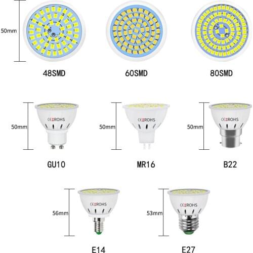 GU10 LED E27 Lamp E14 Spotlight Bulb 48 60 80leds Lampara 220V GU 10 Bombillas Led MR16 Gu5.3 Lampada Spot Light B22 5W 7W 9W
