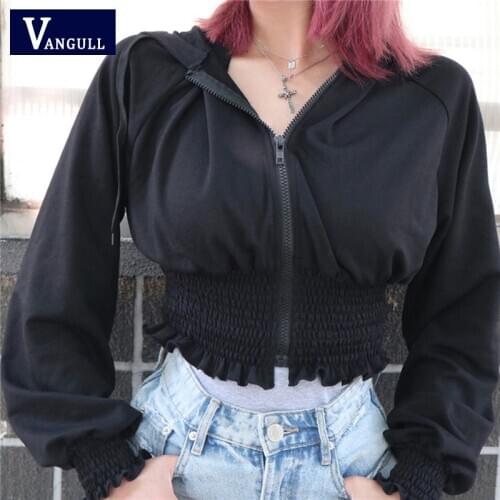Vangull Vintage Casual Gothic Womens Coat Harajuku Zipper Aesthetic Ruffle Female jacket Puff Sleeve Autumn 2020 hoodied Punk