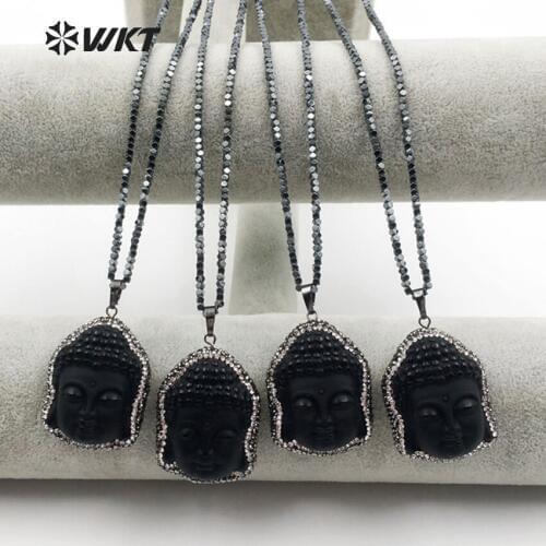 WT-NV208 Religious Design Hematite Beads Necklace Black Obsidian With Full Rhinestone Paved Charm Pendant Women Necklace Making