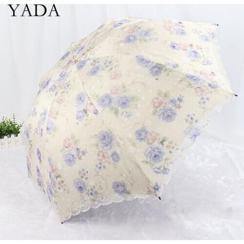 YADA high quality Lace Flower Princess Umbrellas Rain uv Three Folding Umbrella For Women Windproof Umbrellas Female YS200199