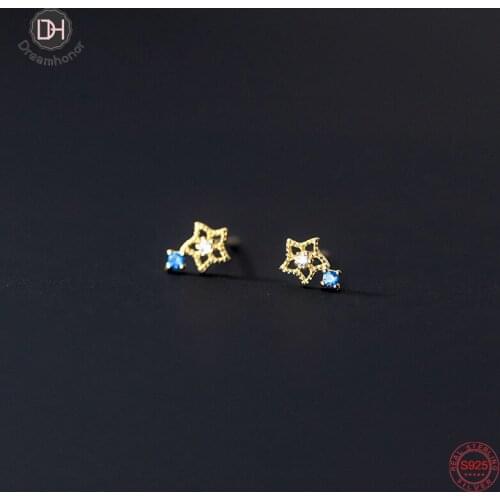 Dreamhonor 2012 New Korean Blue Clear Zircon Star Shape Silver Stud Earrings for Women Sweet Student Teen Jewelry Gift