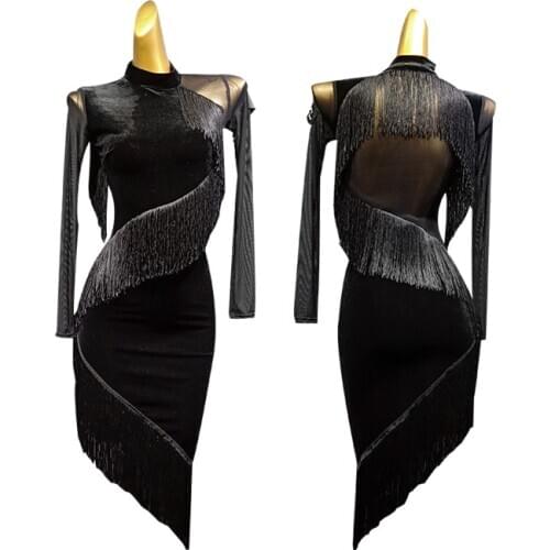Latin Dance Dresses for Women Black Tassel Velvet Vestido De Mujer Latina Dance Wear Ballroom Dancing Black Fringed Dress Sexy