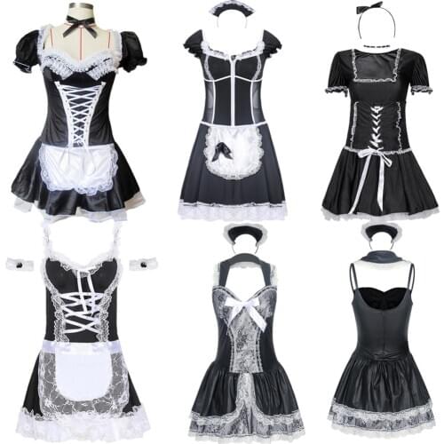 S-6XL Black White Sexy French Maid Servant Costume Uniform Lace Babydoll Dress Erotic Lingerie Role play Hot