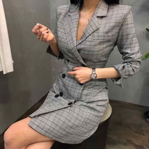2020 New Euro Fashion Women Plaid Party Dress Elegant Suit Casual Long Sleeve Work OL Ladies Party Slim Fit Dress Suits