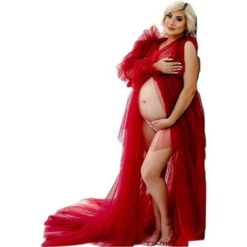 Plus Size Red Maternity Dress for Photoshoot Chic Kimono Pregnant Party Sleepwear Women Bathrobe Nightgown Robe Cheap