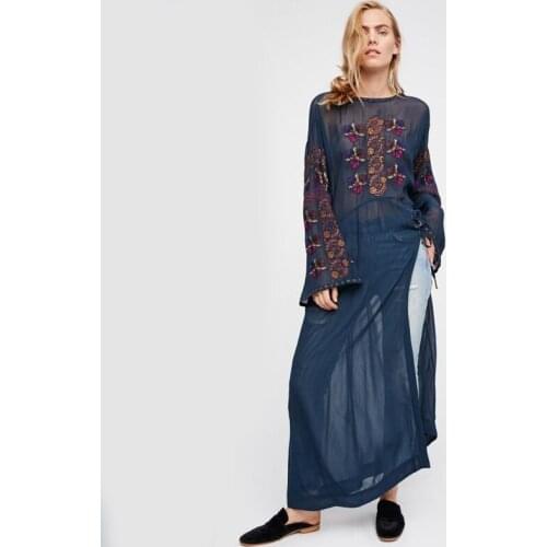 Summer new fashion womens dress bohemian travel holiday seaside beach dress retro embroidered sleeve mesh long dress