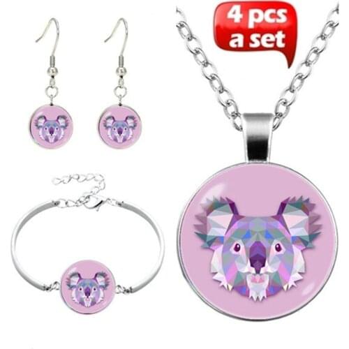 4Pcs/Set New Fashion Handmade Glass Cute Koala Pendant Choker Necklace Bracelet Earrings Animal Jewelry For Women Accessories