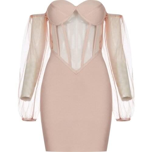 Off Shouder Bandage Dress Womens Sexy Mesh Clothing Spring Autumn 2021 Evening Party Club Bodycon Dress