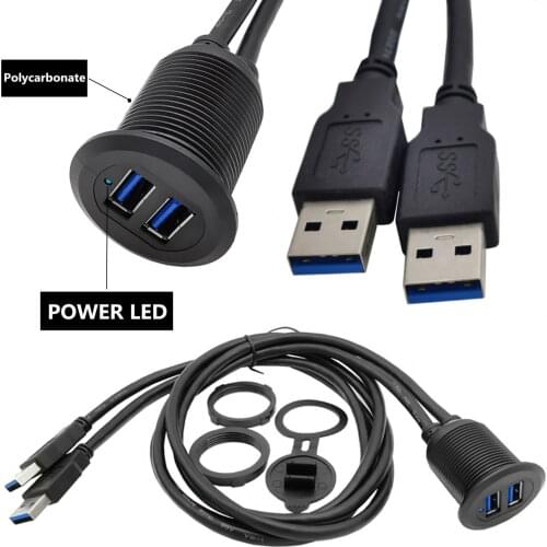 Dual Ports USB 3.0 Panel Flush Mount with LED light Extension Cable for Car Truck Boat Motorcycle Dashboard 1m/2m