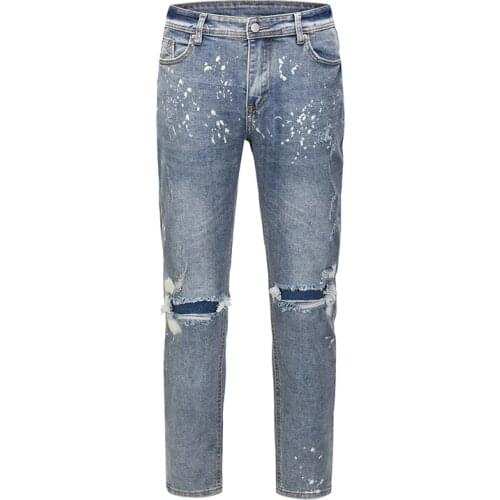 High Street Ink Splash Hole Jeans Mens Washed Destroy Oversize Casual Pencil Pants Retro Straight Loose Baggy Denim Trousers