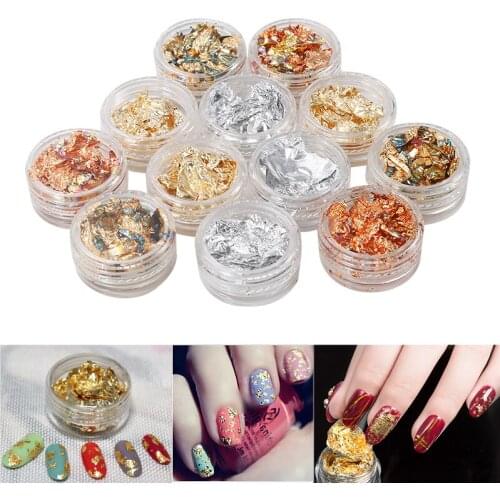 ELECOOL 12 box/set Nail Art Gold Silver Polish Glitter Foil Flake Chip Stickers Nail Decoration Manicure stickers For UV Gel