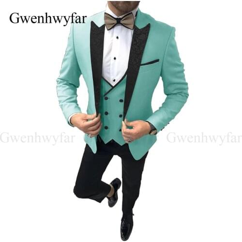 Gwenhwyfar Fluorescent green Men Suits Slim Fit 3 Piece Prom Tuxedos Black Jacquard Lapel Double Breasted Vest Tuxedos Suits