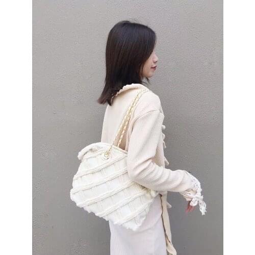 Canvas Plaid Chain Shoulder Bag Women Designer Brand Totes Bag Large Capacity White Bucket Bag Ladies Handbags Cotton Plush Bags