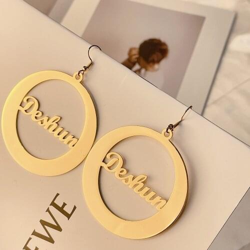 HUHUI Custom Circle Name Earrings For Women Personalized Letter Hoop Stainless Steel Stud Earrings Girl Jewelry Birthday Gift