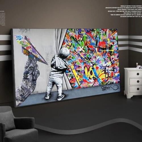 Graffiti Street Art Boy Behind The Curtain Canvas Paintings on The Wall Art Posters and Print Modern Pop Art Pictures Home Decor