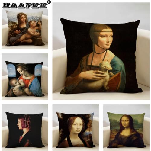 Mona Lisa Smile Art Renaissance Oil Painting on Pillows Michelangelo Sistine Cotton Sheets Sofa Decorative Pillowcase