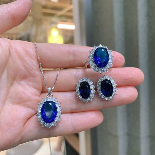 QTT Fashion Blue Crystal Stone Wedding Jewelry Sets For Brides Silver Color Necklace Set For Women Jewelry Sets