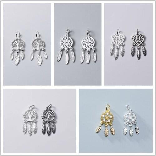 MEETSOFT Trendy 925 Sterling Silver Round Hollow Feather Teassl Charms Special of DIY Handmade Necklace Decoration Accessories