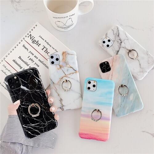 Marble Phone Case for iPhone 6 6s 7 8 Plus 11 Pro Max XS XR XS Max SE2020 Soft IMD Capa Ring Holder Stand Protection Back Cover