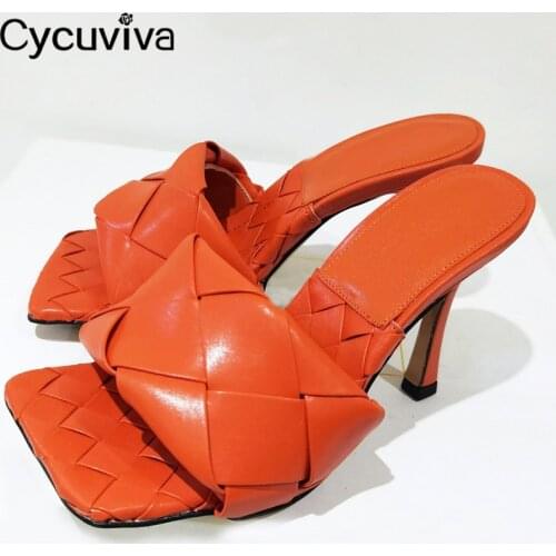 Summer Woven Leather Slippers Women Brand High Heel Slides Women Runway Square Toe Mules Ladies Party Shoes Sandalias Mujer 2021