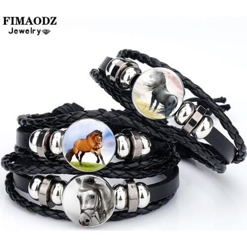 FIMAODZ Newest Horse Bracelet Braided PU Leather Charm Bracelets Bangle for Horse Lovers Gifts Jewelry