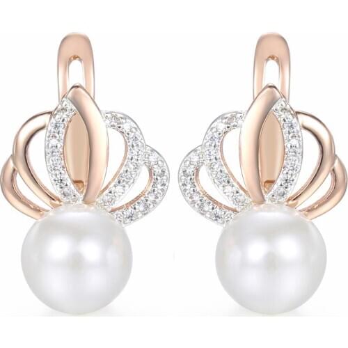Fashion Pearl Earrings 585 Rose Gold Rhinestones Crown Women Girls White Cubic Zircon Stud Earring Female Jewelry Gift GE150